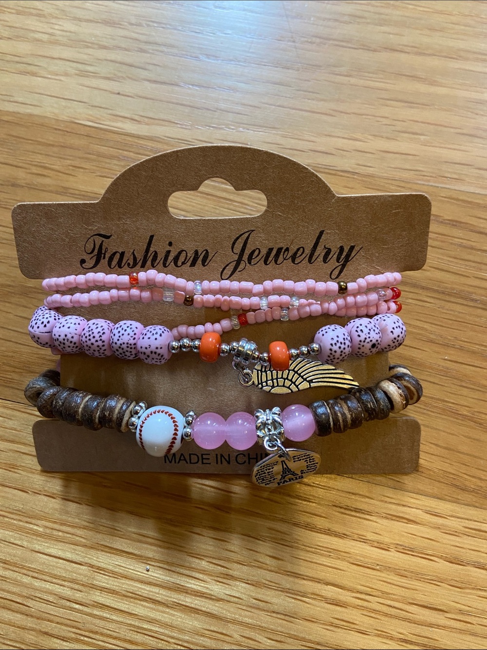 Fashion Jewelry Pink and Orange Beaded Layered Bracelet Set with Silver Accents